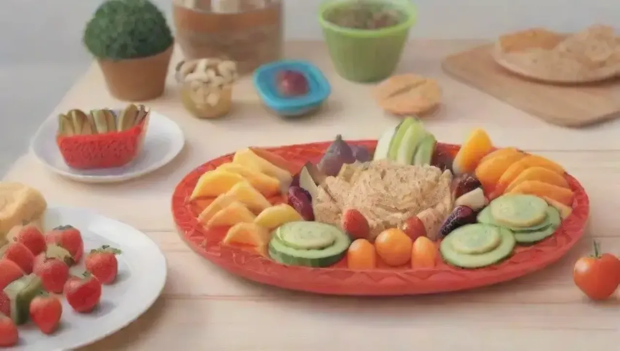 Un ambiente alegre y colorido lleno de frutas y verduras saludables, sonrisas infantiles y snacks divertidos