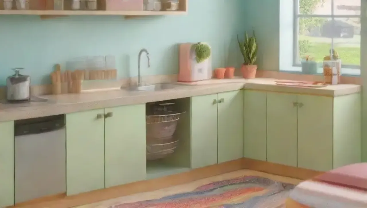 Una cocina vibrante y acogedora, con paredes pastel, herramientas ergonómicas y luz natural