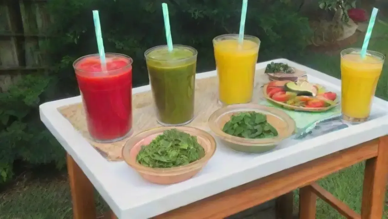 Un ambiente de cocina vibrante y saludable con aguacates, frutas frescas y colores llamativos