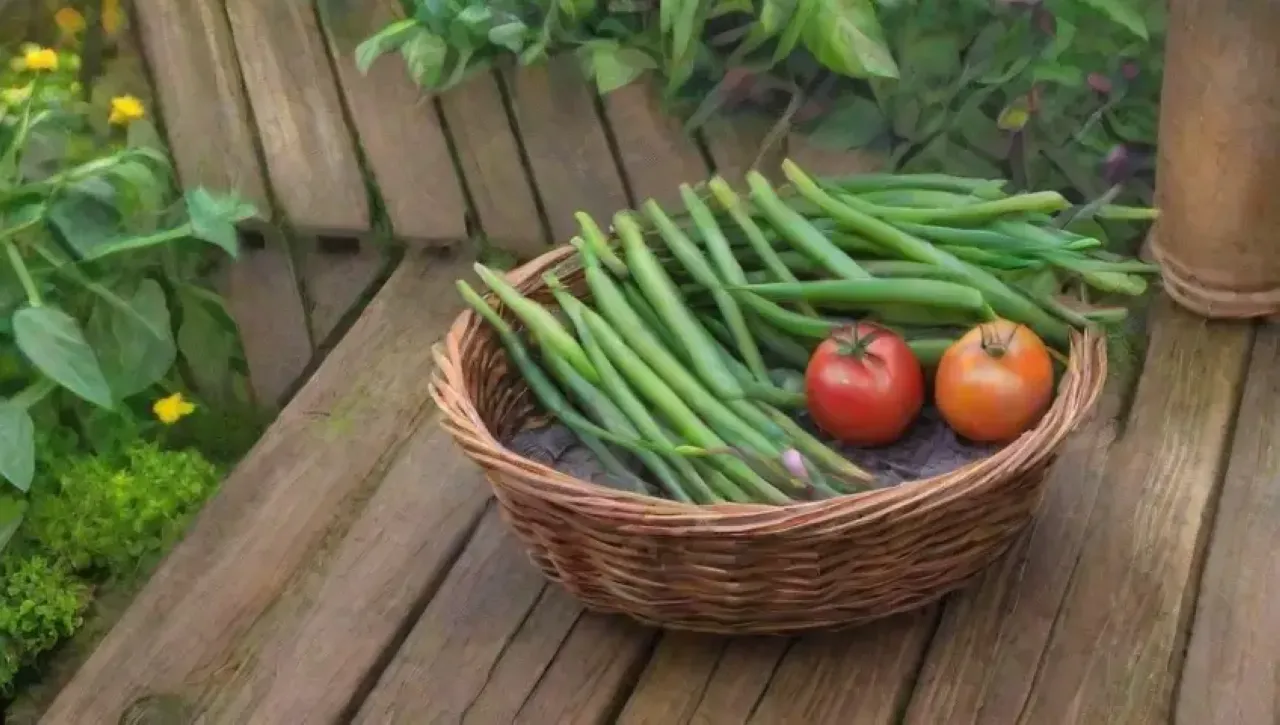 Un jardín vibrante y fresco lleno de verduras y flores en armonía