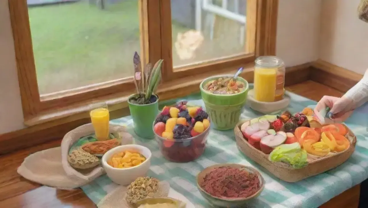 Una escena vibrante de comida saludable y momentos familiares en un entorno acogedor