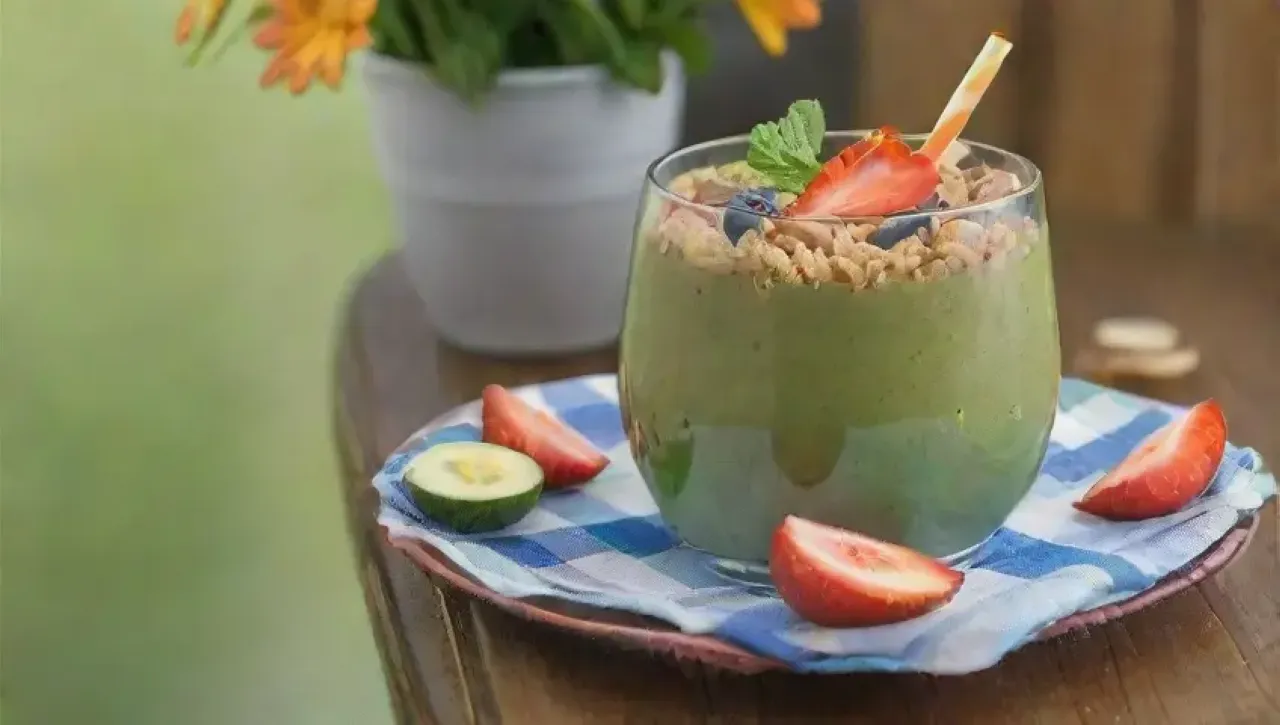 Un batido verde vibrante en un vaso, decorado con frutas y menta, en un ambiente alegre y acogedor