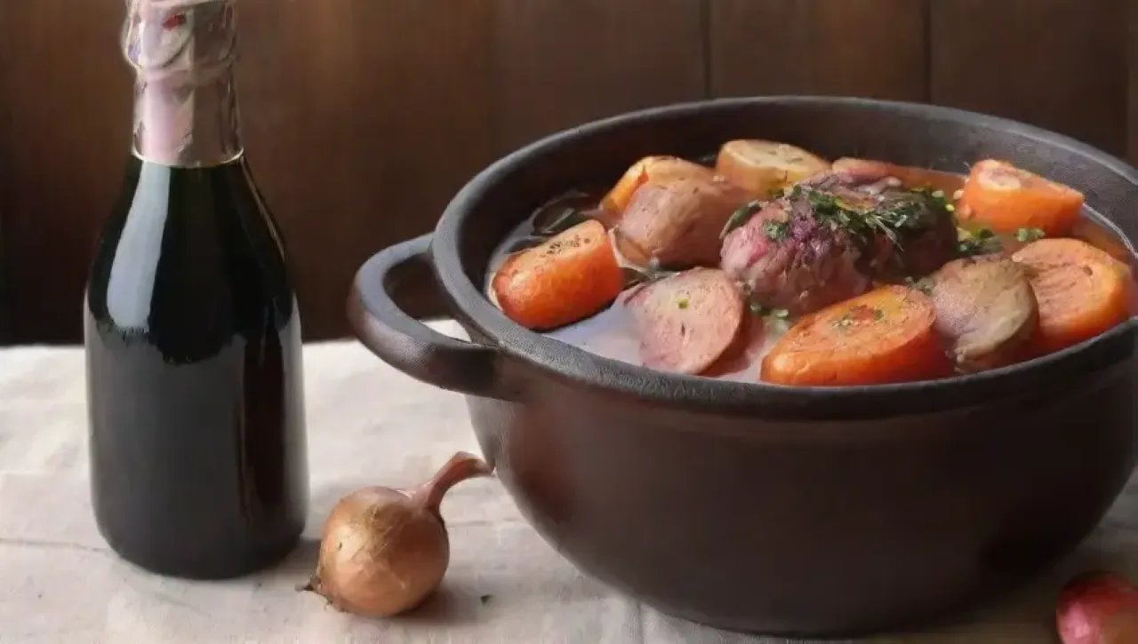 Una mesa rústica con vino, hierbas frescas, verduras y un guiso humeante en un ambiente acogedor