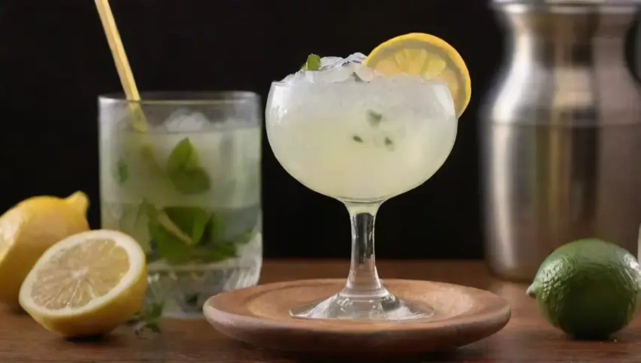 Un vibrante cóctel de gin fizz con limón y menta, rodeado de un ambiente acogedor y festivo