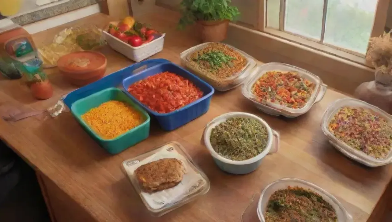 Escena de cocina vibrante con ingredientes coloridos, vegetales frescos y un ambiente acogedor