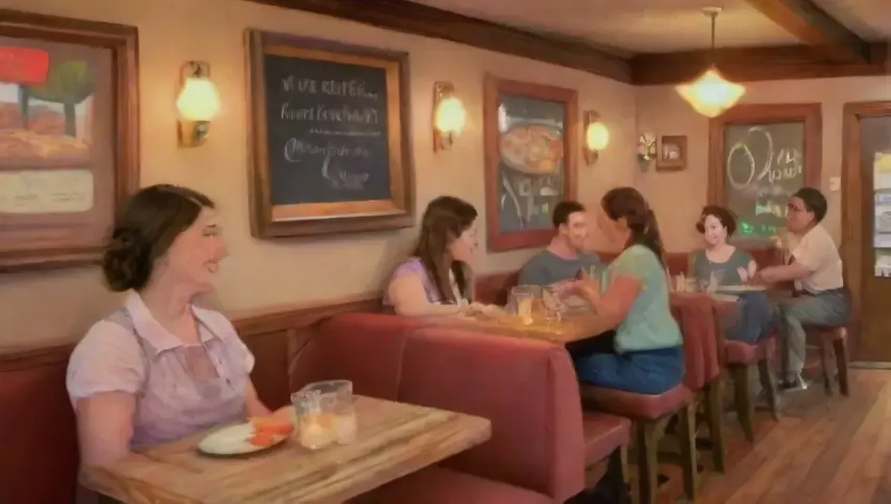 Un restaurante acogedor con mesas de madera, luz suave, arte colorido, y un ambiente cálido y animado