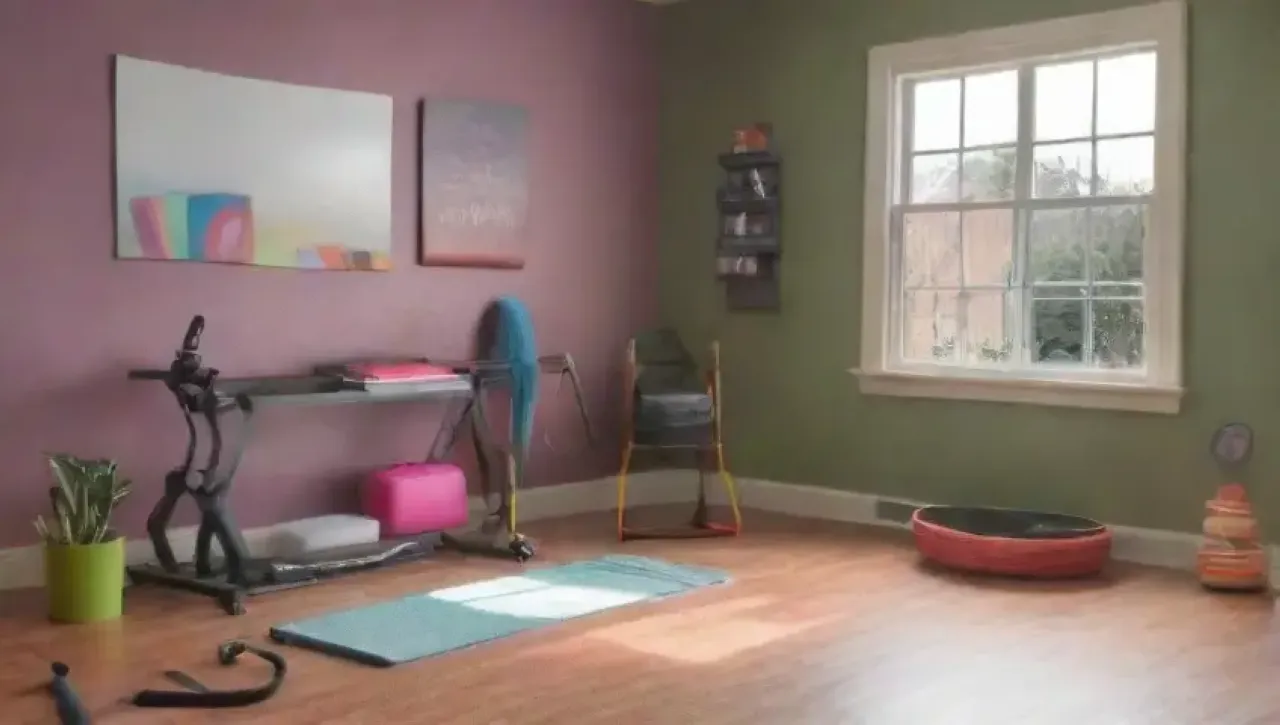 Un gimnasio en casa vibrante y acogedor, lleno de luz, equipos y motivación