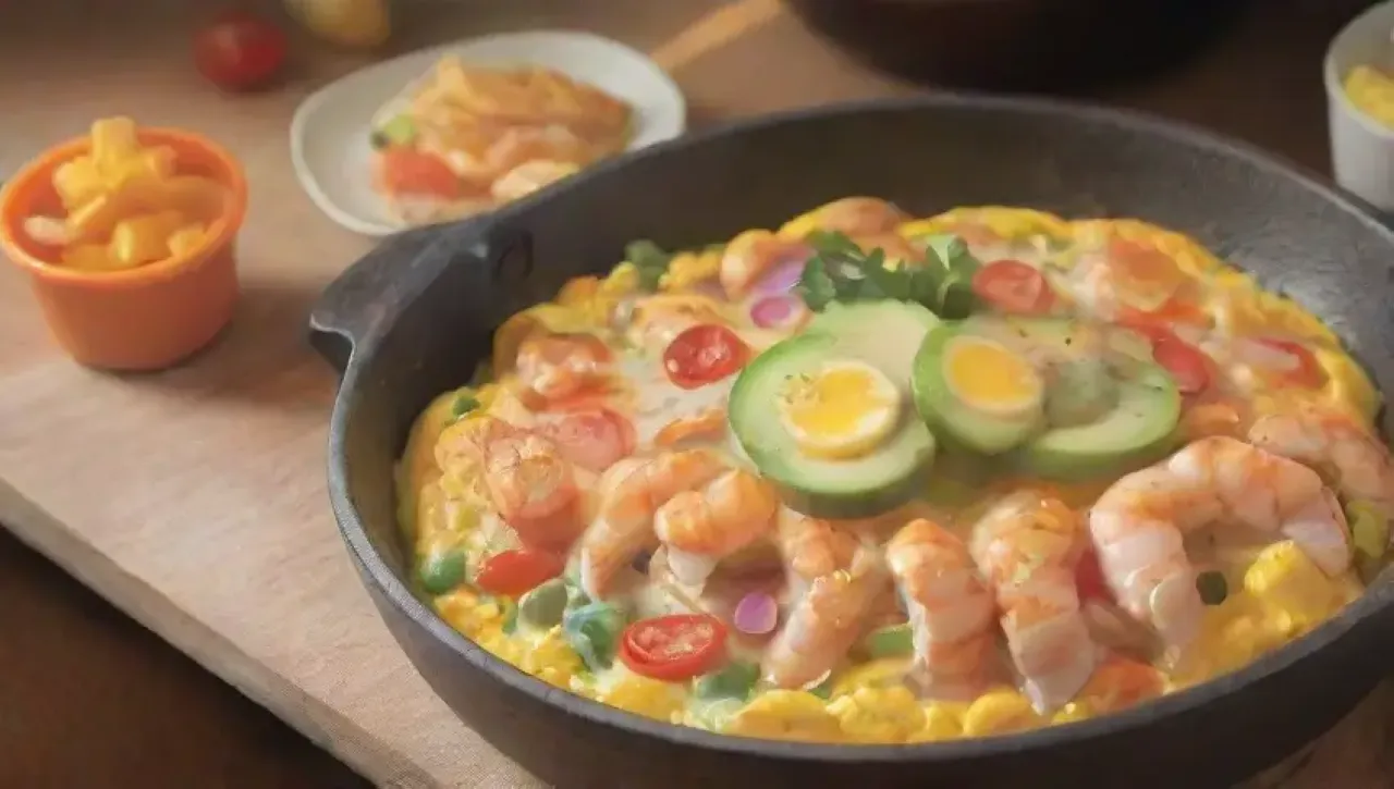 Desayuno vibrante de omelet de mariscos con aguacate y jugo de naranja en un ambiente acogedor