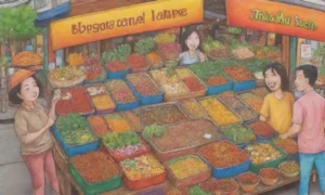 Comida callejera tailandesa colorida y deliciosa con especias aromáticas