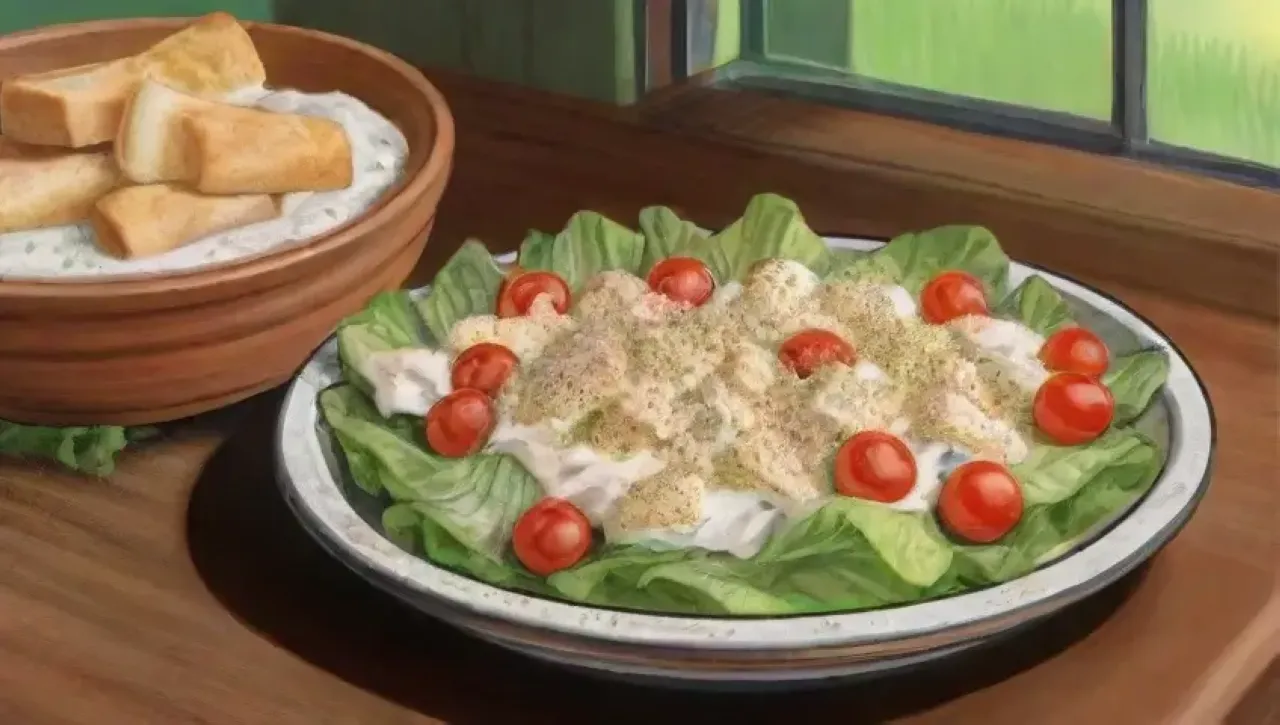 Ensalada César fresca y colorida con pollo, crutones y aderezo cremoso