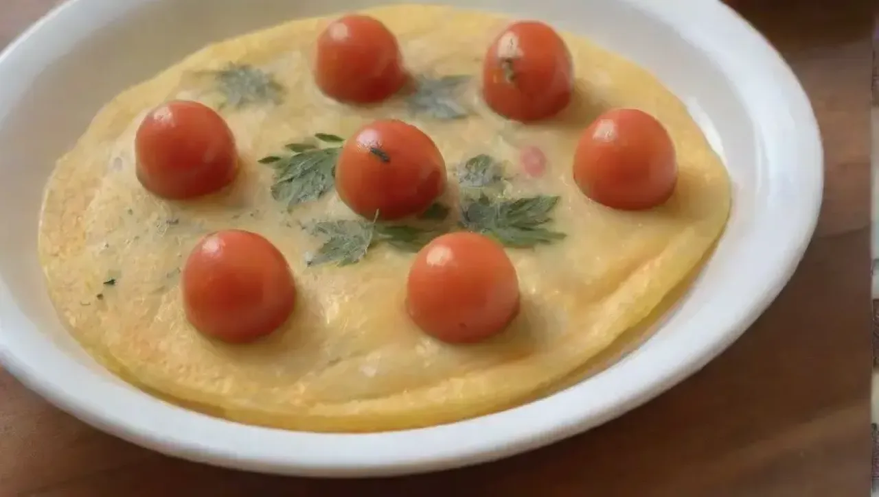 Omelet amarillo vibrante con hierbas frescas, servido en un plato rústico con tomates cherry y ensalada, evocando la calidez de un café francés