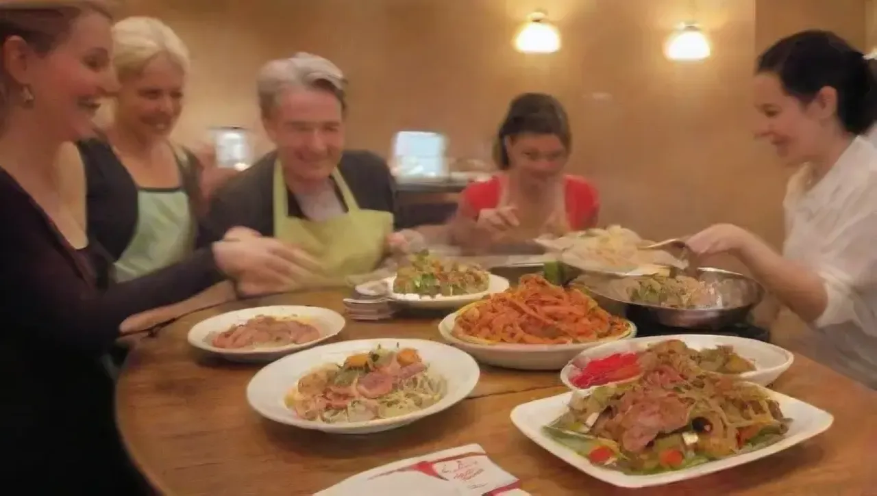 Un restaurante vibrante con platos coloridos, ambiente acogedor y comensales disfrutando de la comida