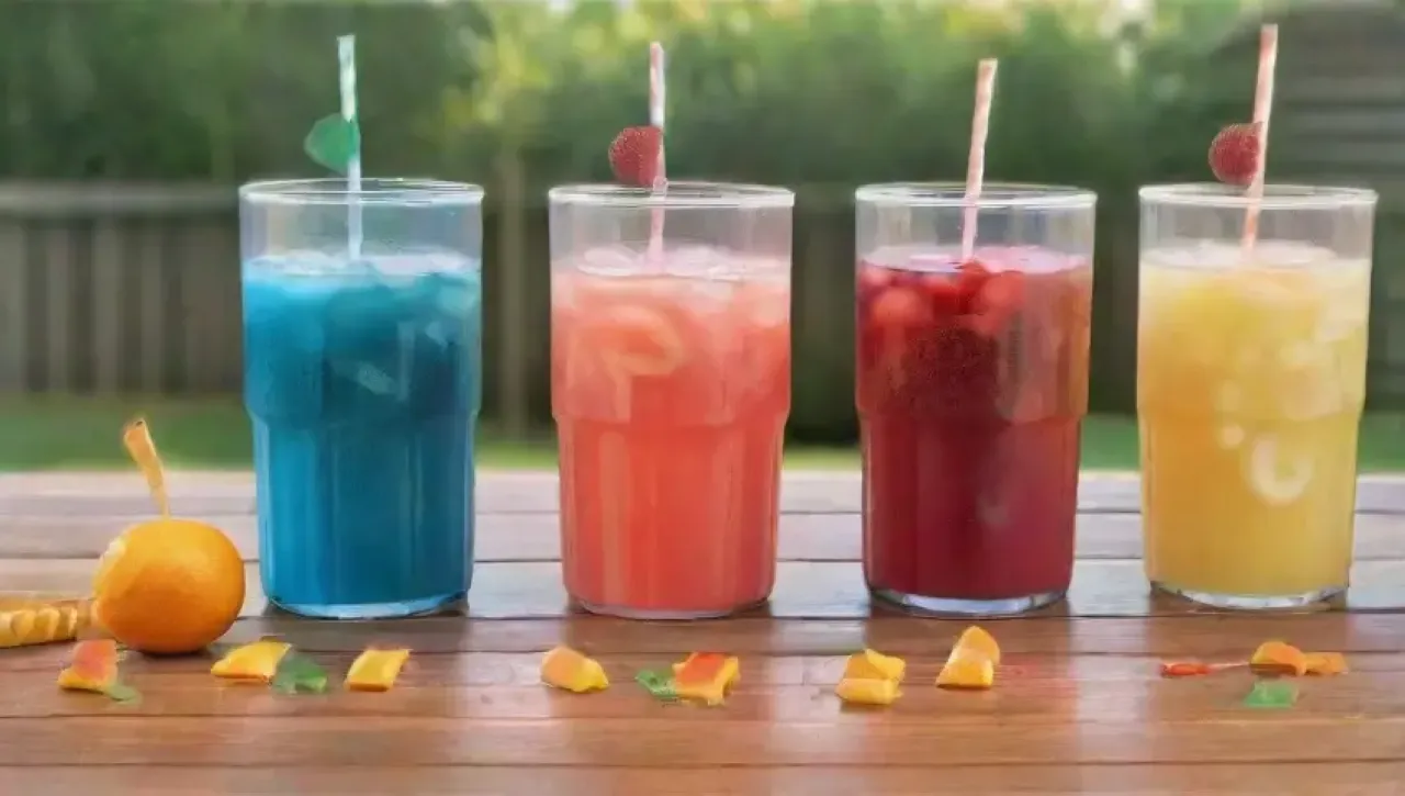 Botellas de agua coloridas y frutas frescas crean un ambiente veraniego y saludable