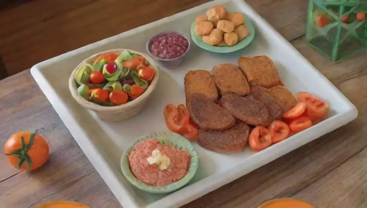 Una mesa rústica llena de tapas coloridas y un ambiente acogedor para una videollamada