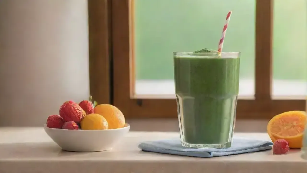 Un batido verde vibrante en un vaso rodeado de frutas frescas y un ambiente alegre