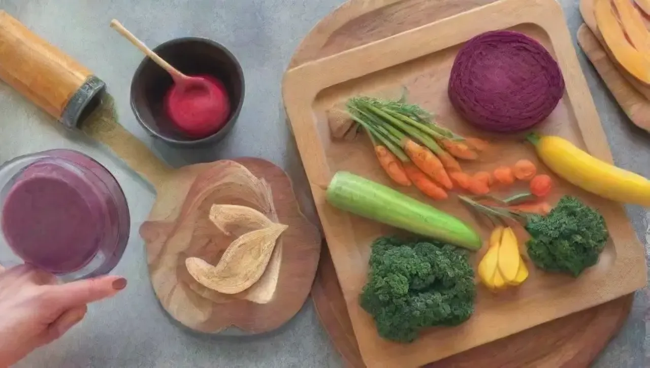 Un fondo vibrante de cuchillos y alimentos en una cocina rústica