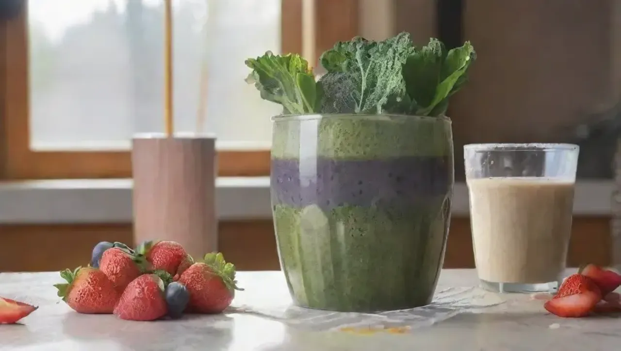 Un colorido batido saludable rodeado de frutas frescas y un ambiente alegre