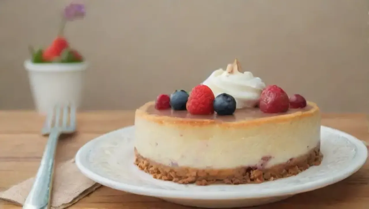Un ambiente acogedor de cocina con cheesecake vegano, frutas frescas y risas entre amigos