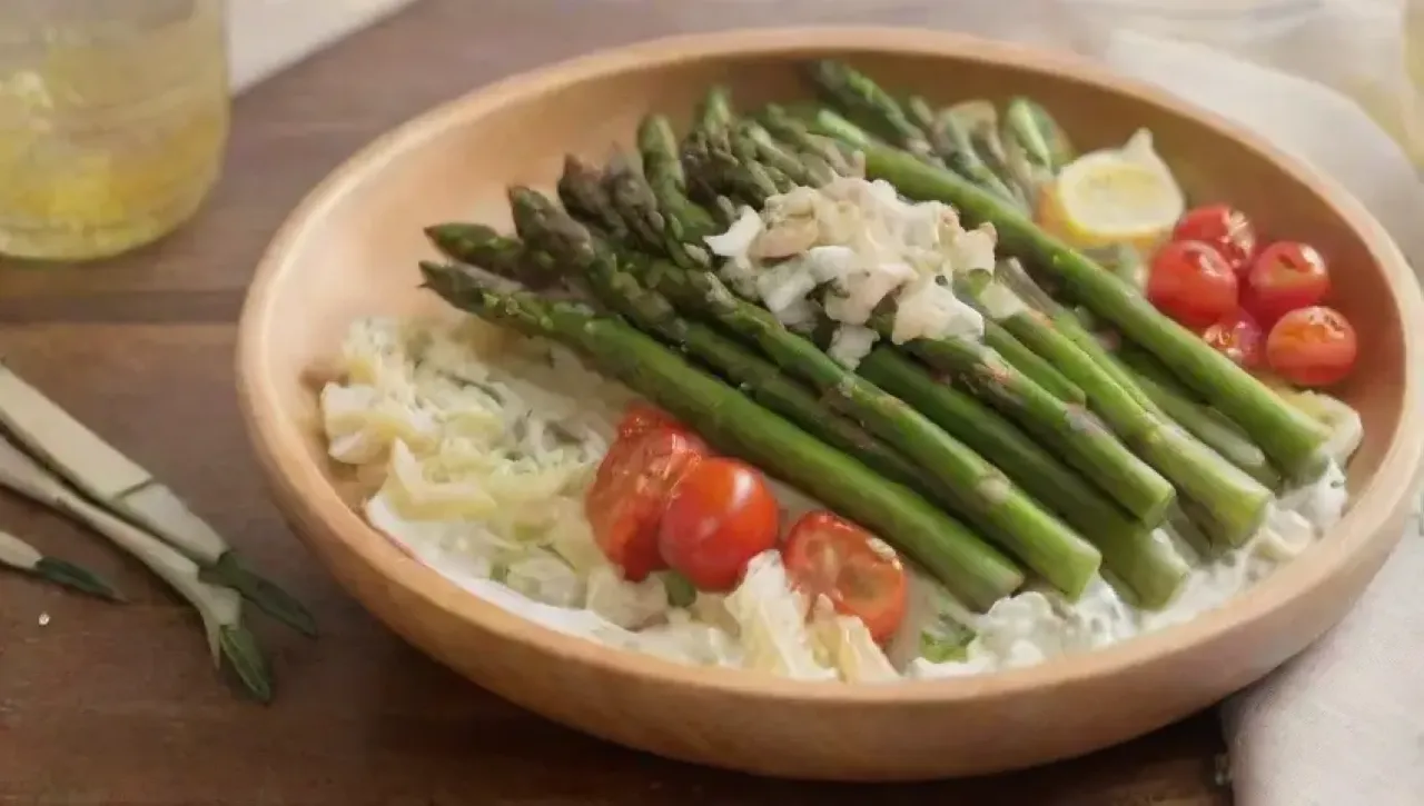 Una colorida y fresca presentación de espárragos, guisantes, pasta y otros ingredientes en un ambiente acogedor