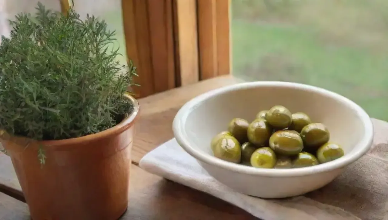 Aceite de oliva dorado brilla en una cocina rústica llena de aromas y colores mediterráneos