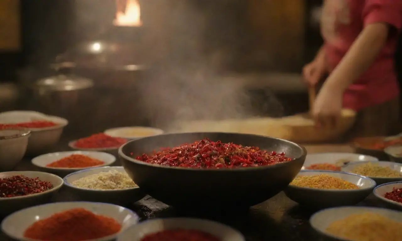 Técnicas chinas de cocina, colores vibrantes y elementos culturales en una acogedora cocina