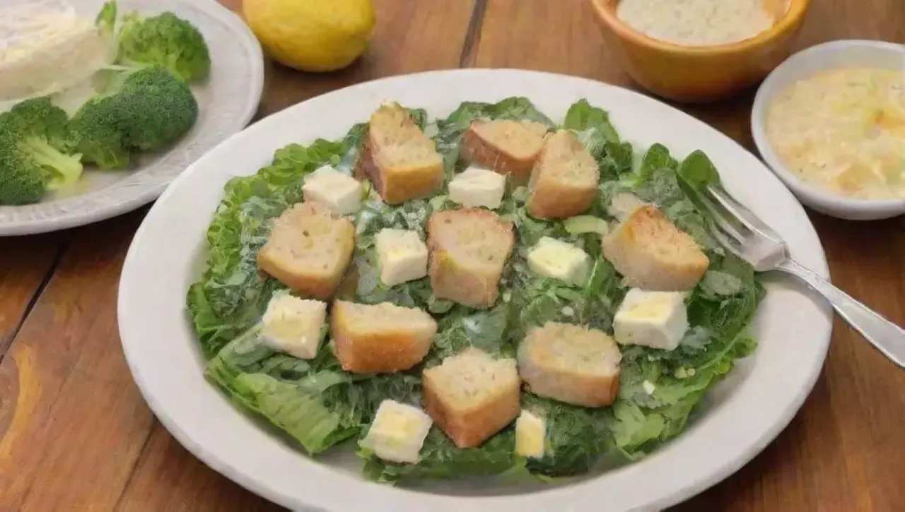 Una ensalada César fresca y vibrante en un ambiente acogedor y alegre