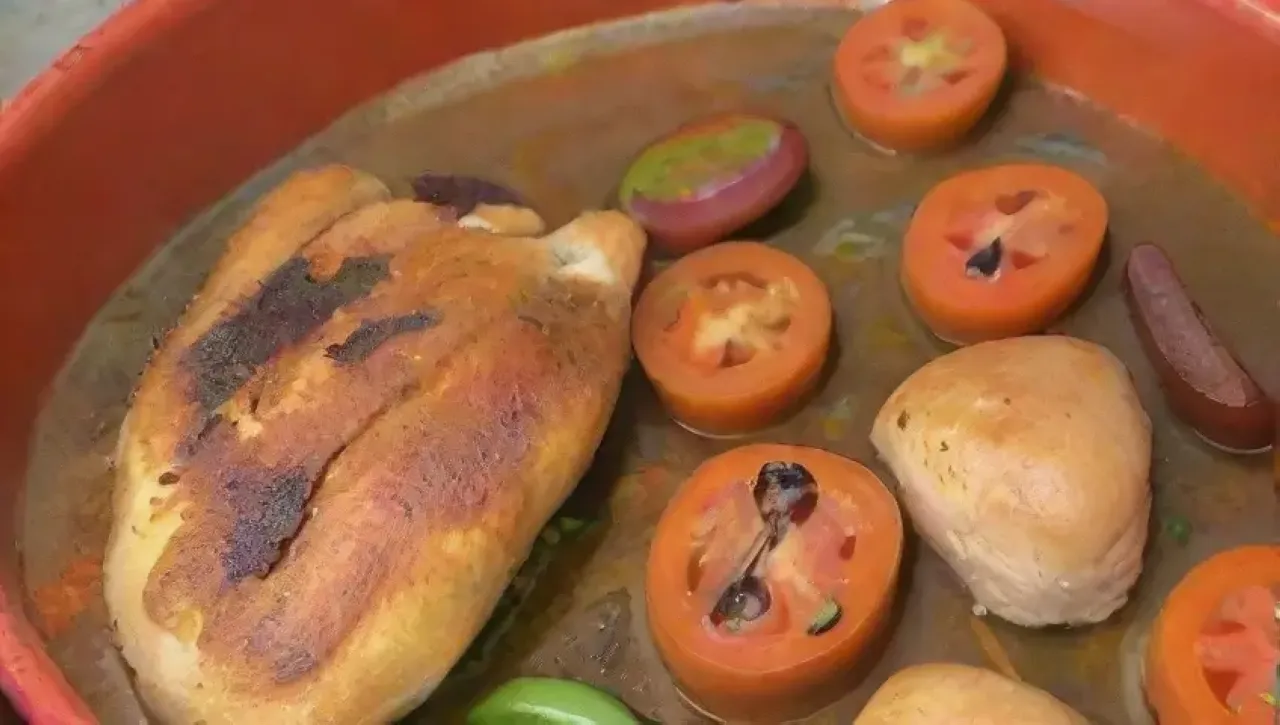 Una colorida y aromática comida familiar se prepara rápidamente en una cocina iluminada