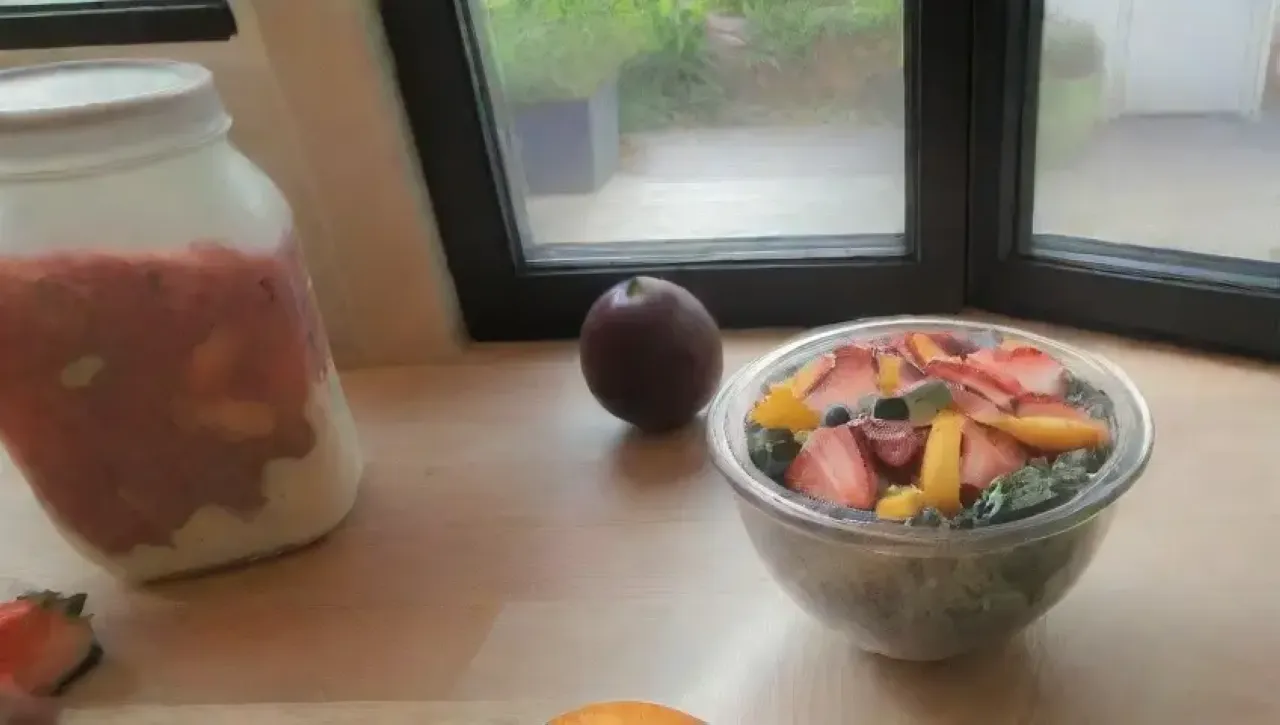 Un colorido y vibrante smoothie rodeado de frutas frescas y un ambiente acogedor en la cocina