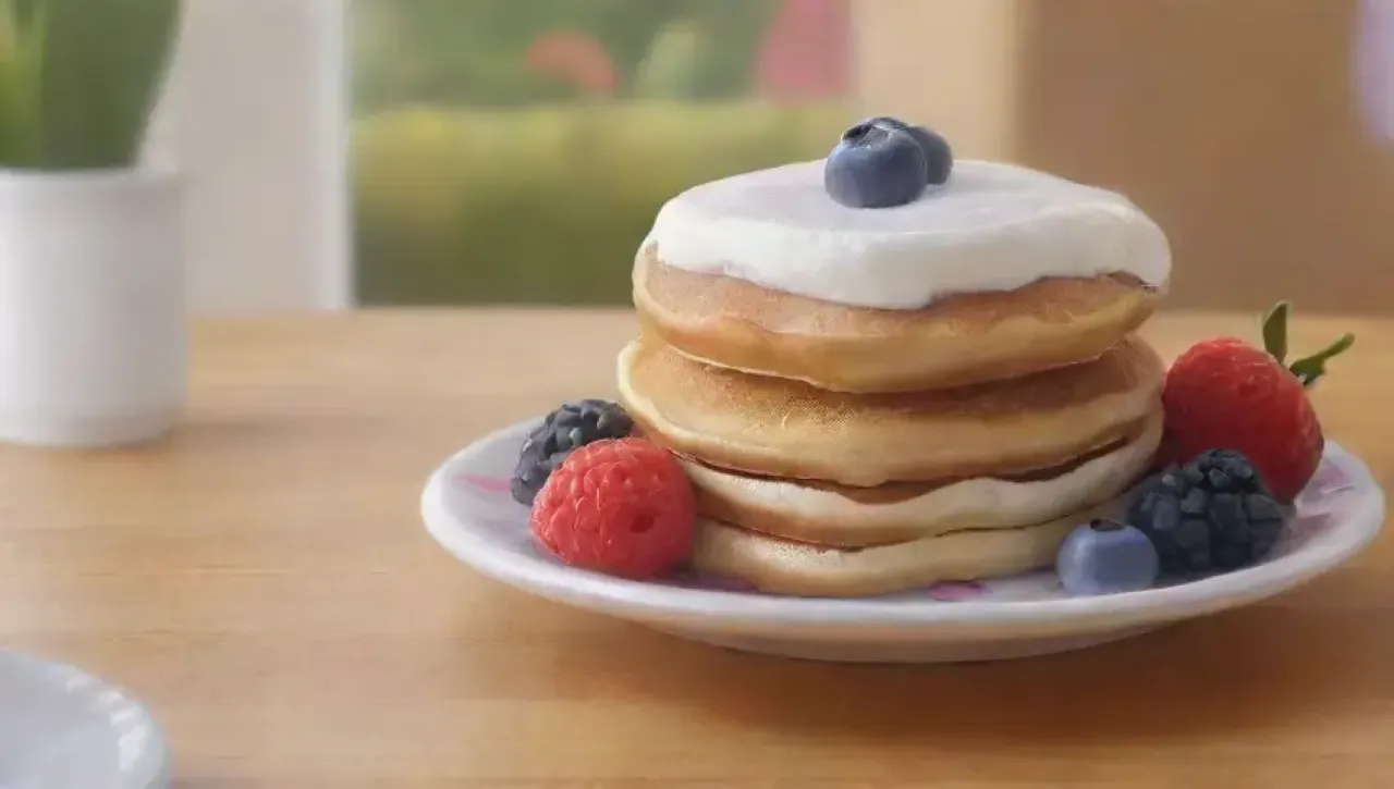Un delicioso desayuno de pancakes dorados con frutas, café y un ambiente acogedor