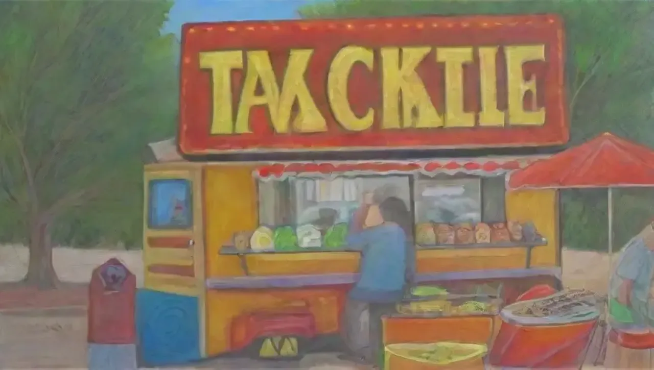 Camión de tacos vibrante y colorido en una calle bulliciosa, con deliciosos aromas y un ambiente alegre