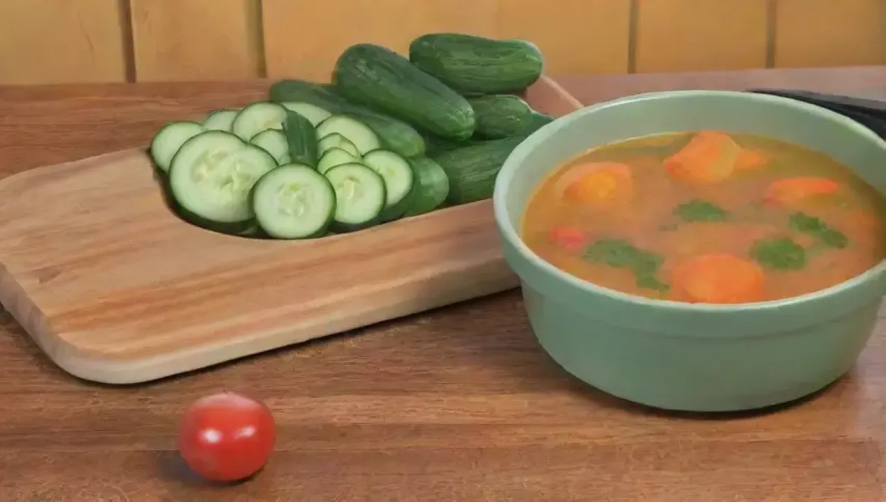 Sopa caliente con verduras vibrantes y un ambiente acogedor en una cocina iluminada