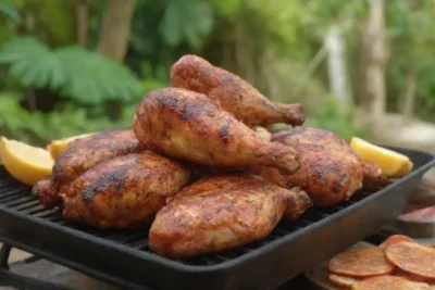 Colores vibrantes y pollo jugoso con especias en un ambiente caribeño