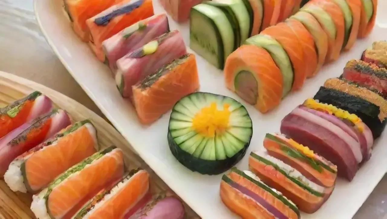Sushi colorido con frescos ingredientes y presentación artística