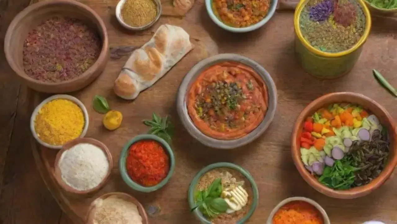 Una cocina acogedora llena de colores vibrantes, ingredientes frescos y aromas deliciosos