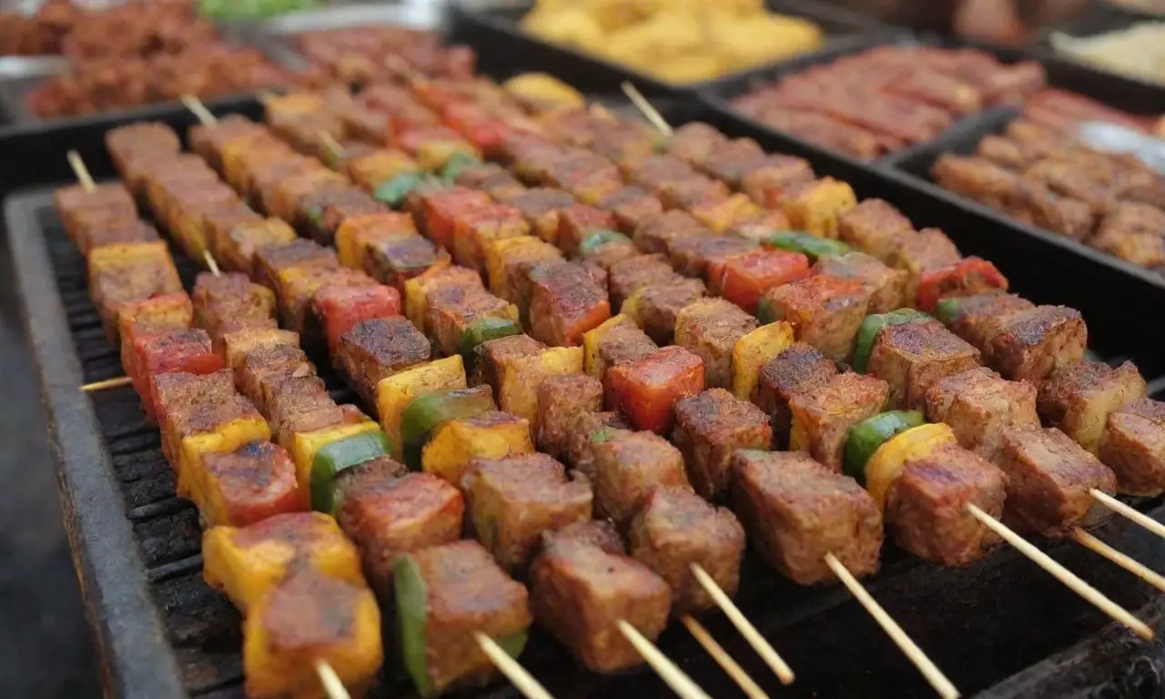 Sabrosos pinchos coloridos de la comida callejera malaasia