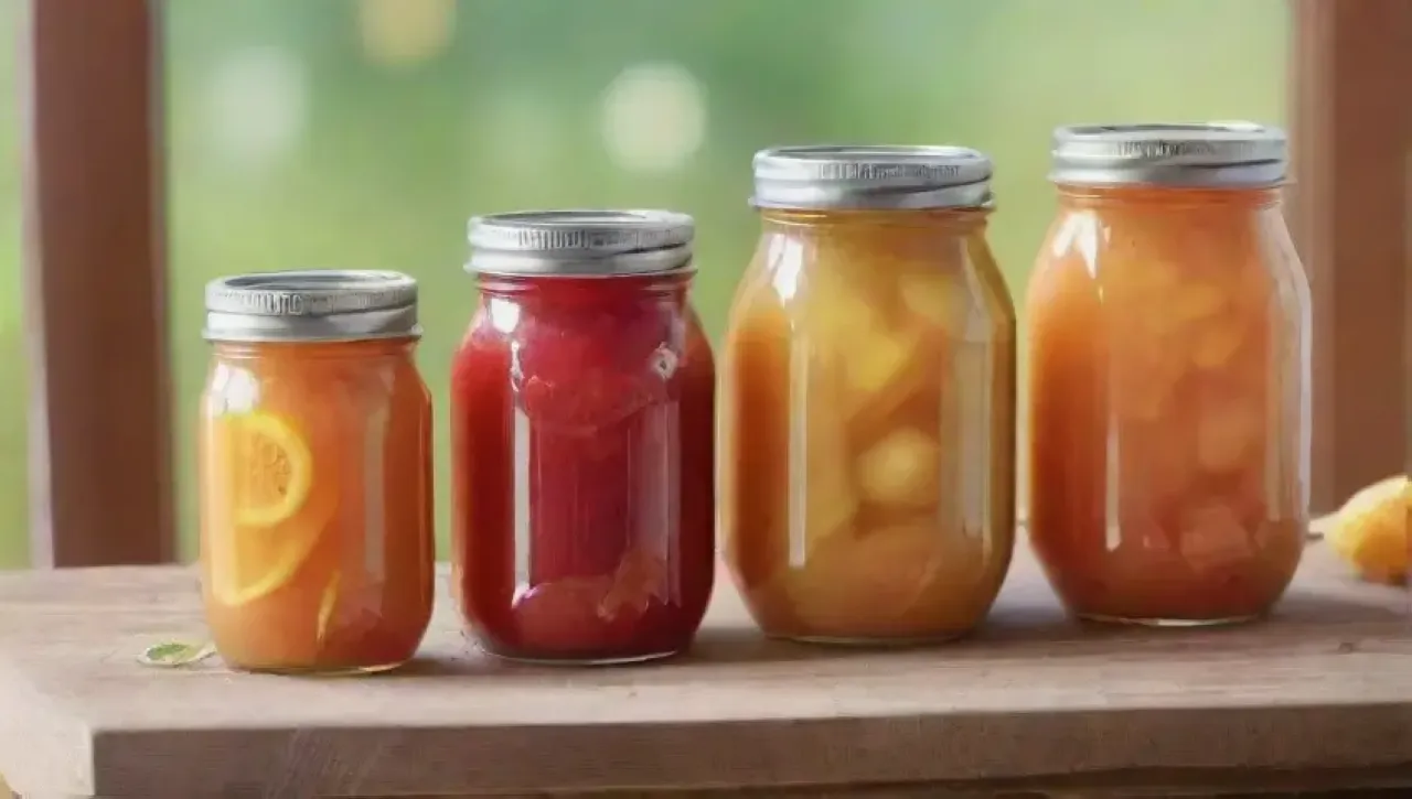 Frascos vibrantes con frutas en almíbar brillan en una cocina acogedora
