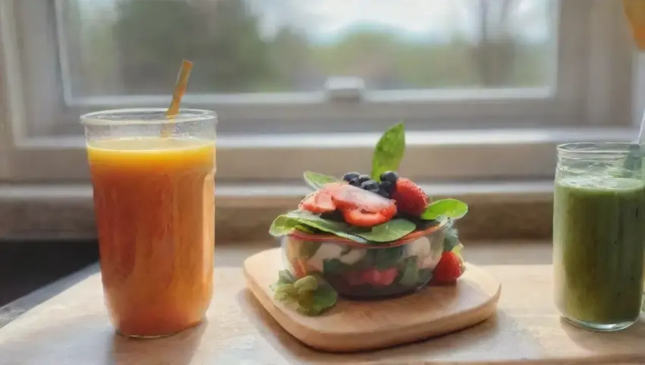 Un colorido y saludable smoothie rodeado de frutas frescas en una cocina soleada