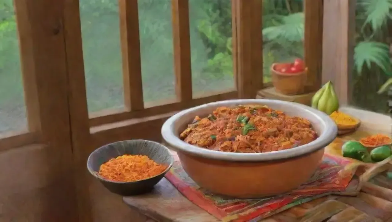 Una mesa rústica llena de especias vibrantes, frutas tropicales y utensilios tradicionales evoca la rica cultura africana