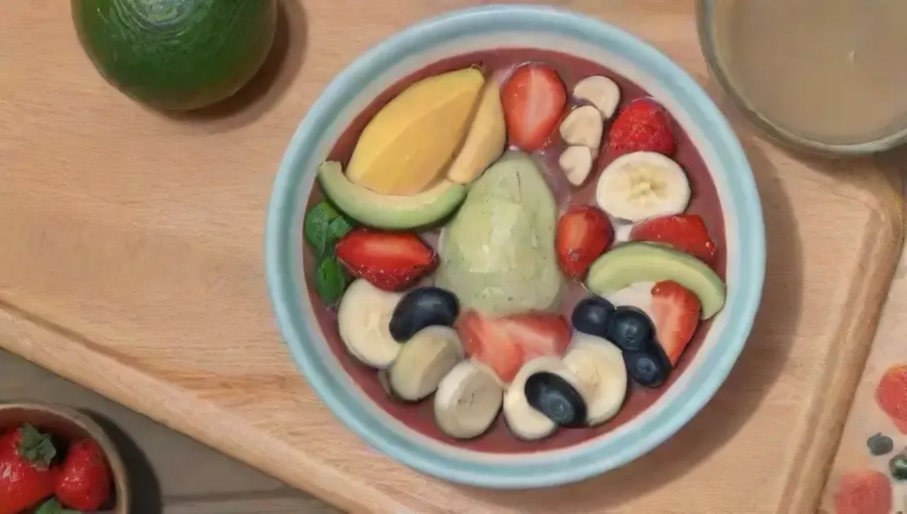 Un batido colorido y refrescante en un ambiente alegre de cocina