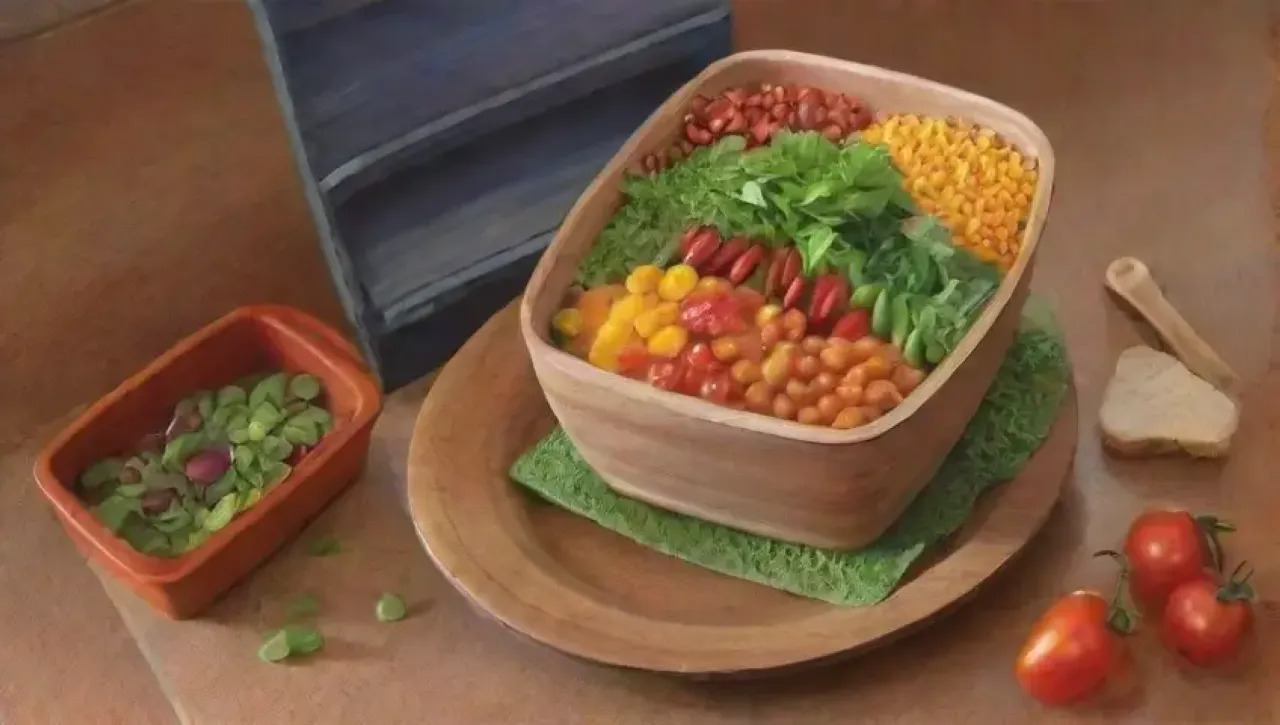 Una ensalada vibrante y colorida con legumbres frescas y un ambiente acogedor