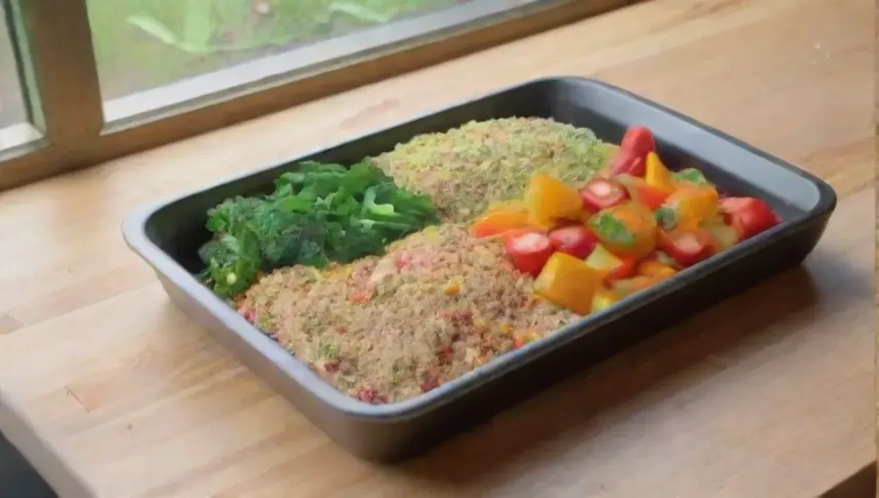 Una cocina alegre y colorida con ingredientes frescos y utensilios listos para cocinar