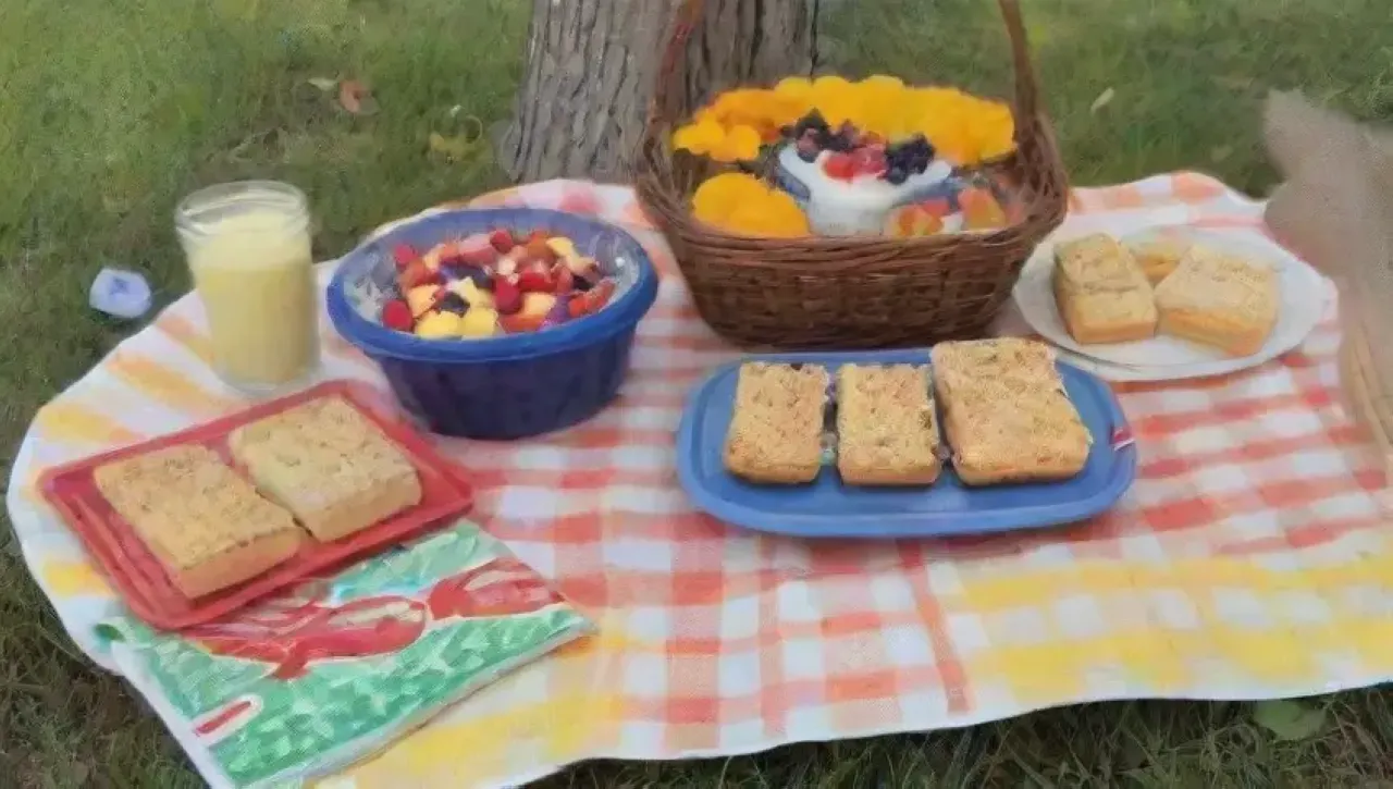 Un alegre picnic colorido con deliciosos postres y risas entre amigos