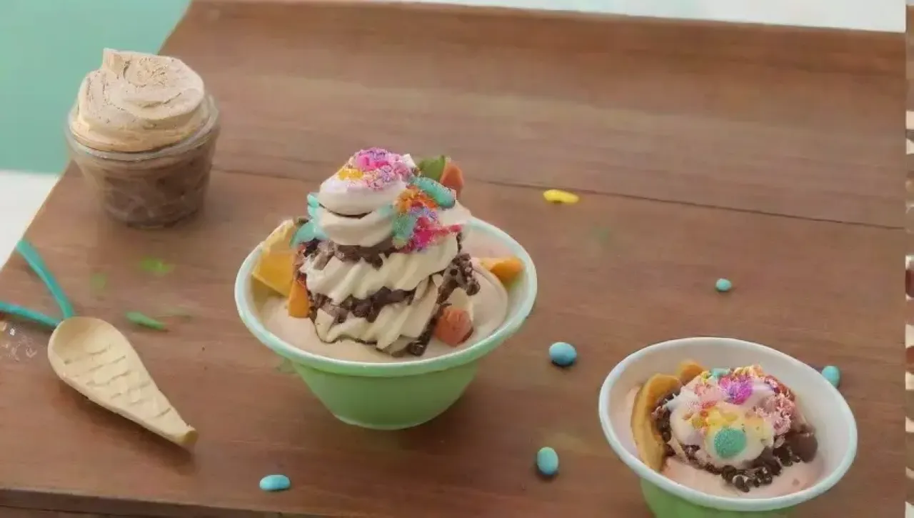 Un festín visual de café, helado y colores vibrantes en un ambiente acogedor