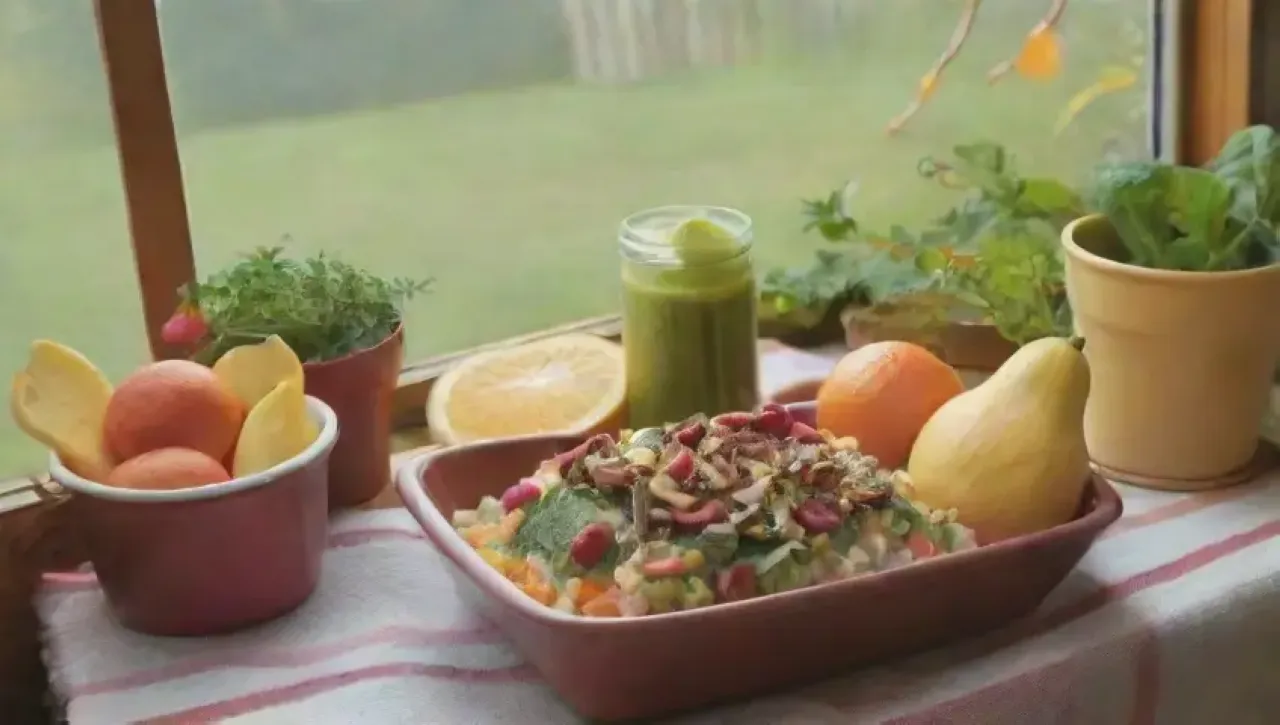 Un ambiente sereno y colorido lleno de frutas, verduras, comida saludable y luz natural