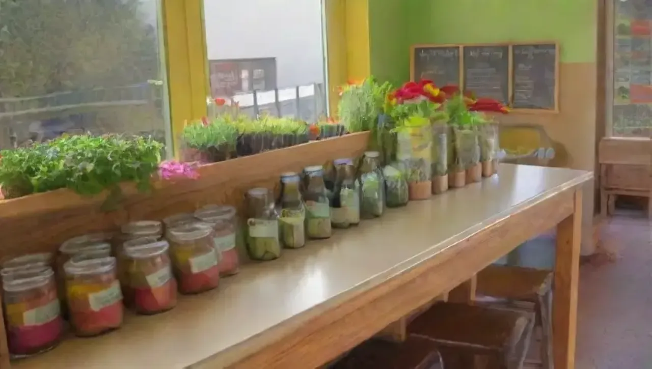 Un acogedor café con paredes verdes, mesas de madera, hierbas frescas, luz natural, arte colorido y un ambiente comunitario