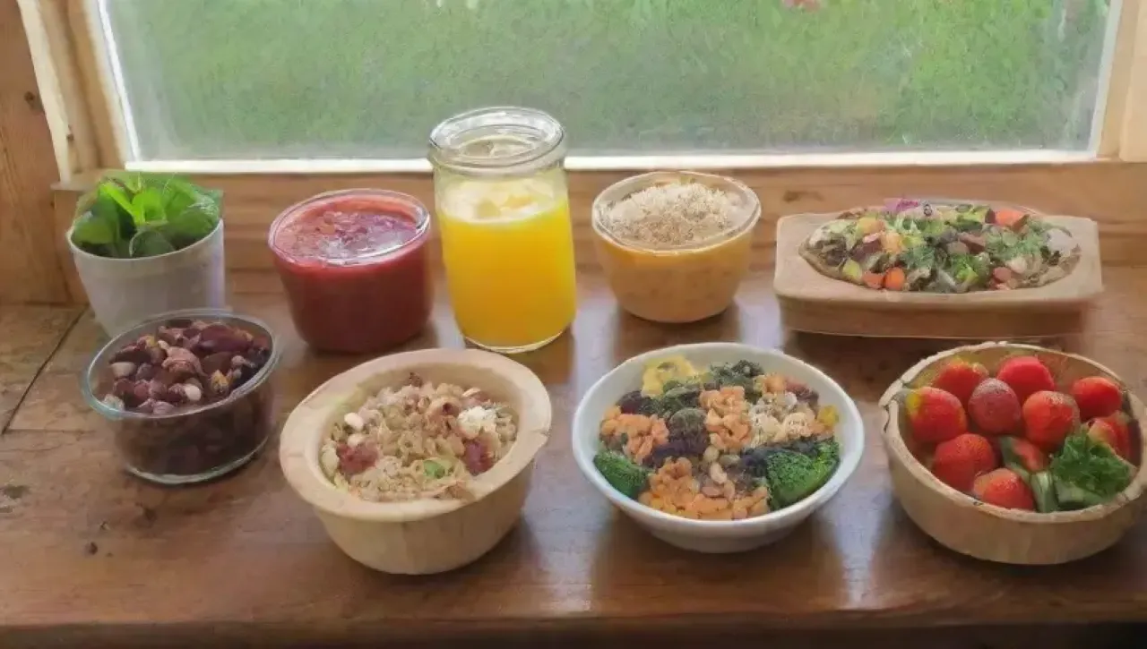 Una cocina luminosa y acogedora llena de frutas, verduras, granos y un ambiente saludable