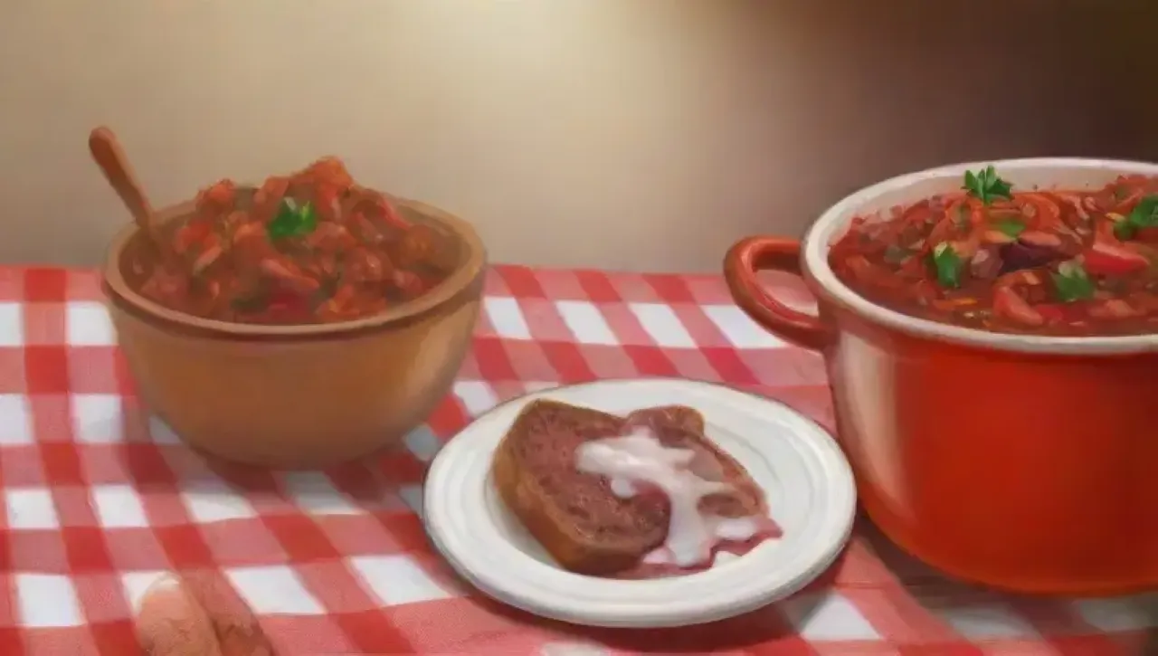 Un delicioso goulash húngaro se cocina en una acogedora cocina, rodeado de ingredientes frescos y un ambiente cálido