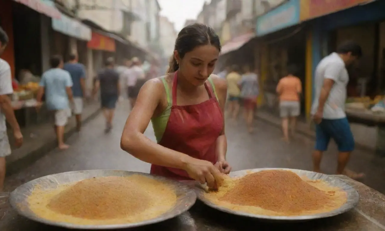 Colorido y vibrante ambiente de comida callejera con acarajé brasileño y especias tradicionales