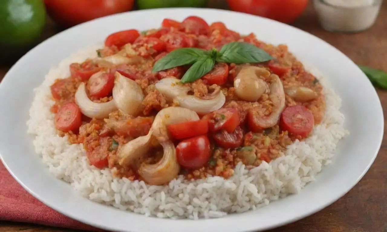 Saltea cebolla, añade tomates y pimientos, integra mariscos, vierte leche de coco, sazona, cocina y sirve caliente con arroz