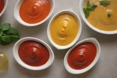 Salsas coloridas y frescas hierbas crean una experiencia gourmet italiana